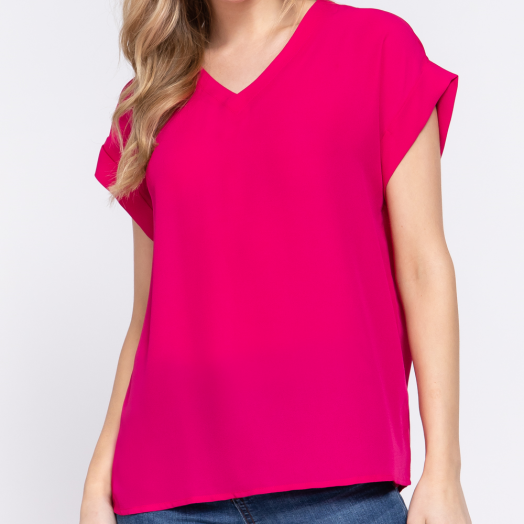Rolled Cuff Sleeve V-Neck Blouse