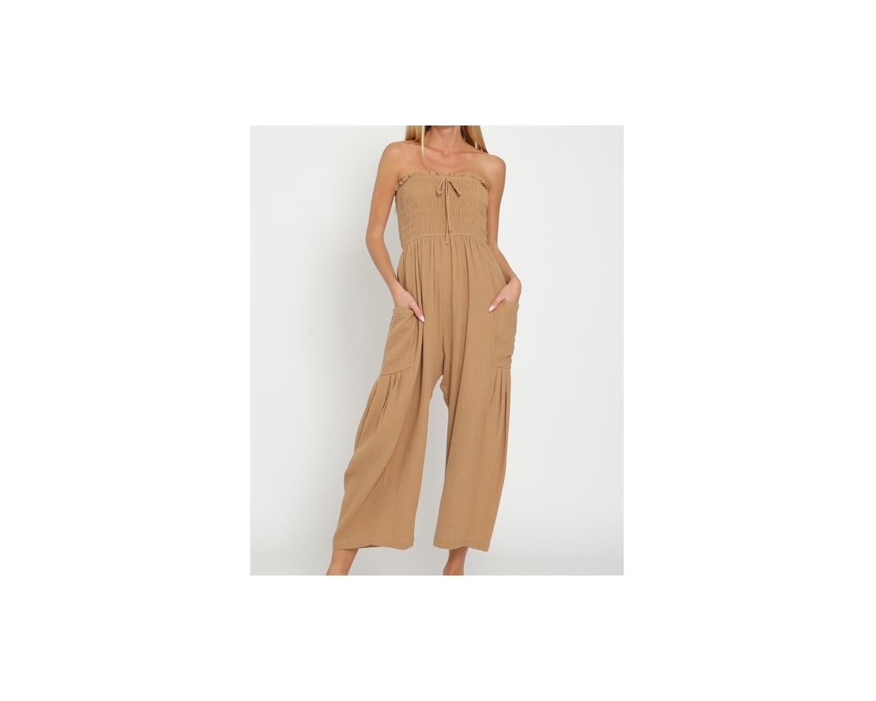 Smocked strapless jumpsuit cheap